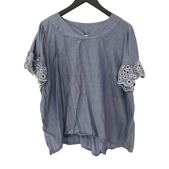 Isaac Mizrahi Live Cotton Lawn Split Neck Embroidered Blouse Womens 3X Chambray - Picture 4 of 11